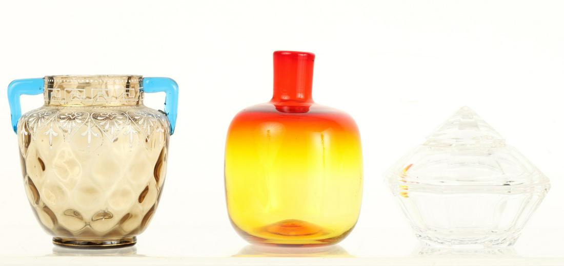 BLENKO AMBERINO & ENAMELED GLASS VASES etc: Together with a Krystall Krista crystal covered bowl. 4 1/4 x 4 3/4 x 4 3/4 inches. Condition: Good, fleabite to rim of enameled example Temp No 4591