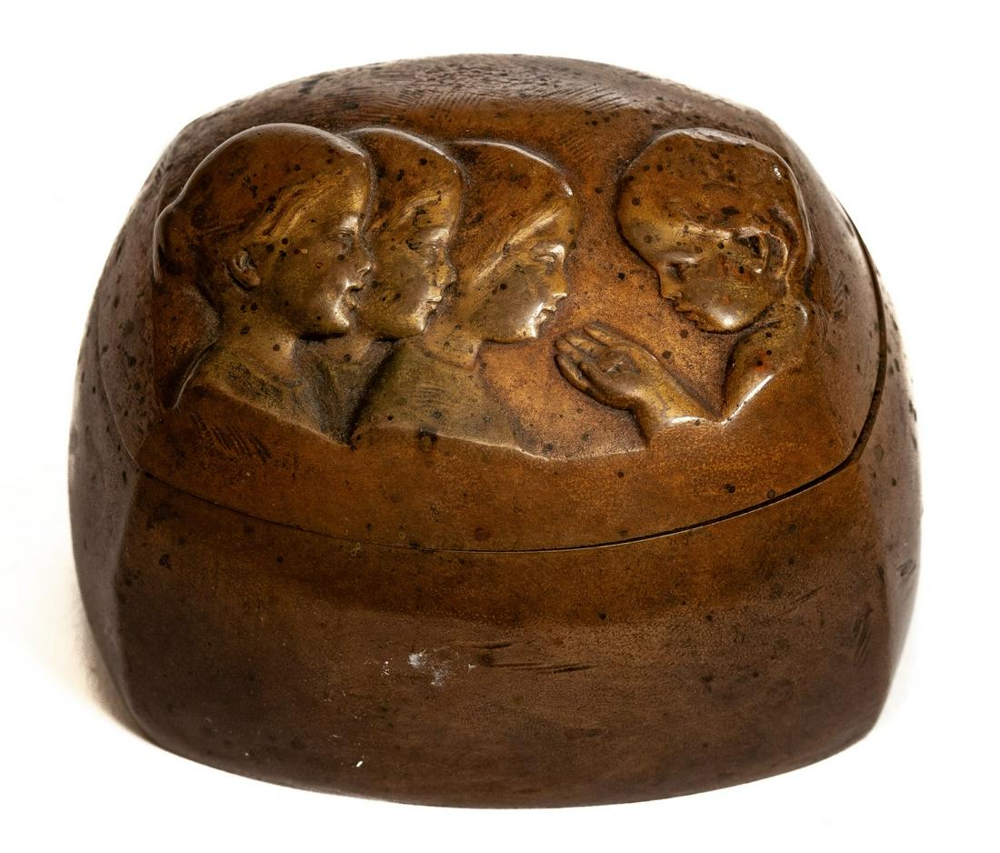 PETER TERESZCZUK (1875-1963): Figural rock-form box depicting children gazing at eggs. 3 x 4 x 3 inches Condition: Good Temp No 3644-341