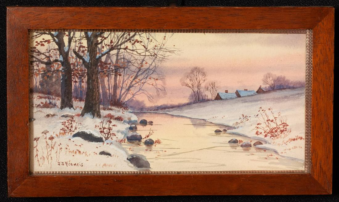 J.J. FRANCIS (1889-1939): Wintry Landscape gouache 4 1/4 x 8 inches. signed. framed