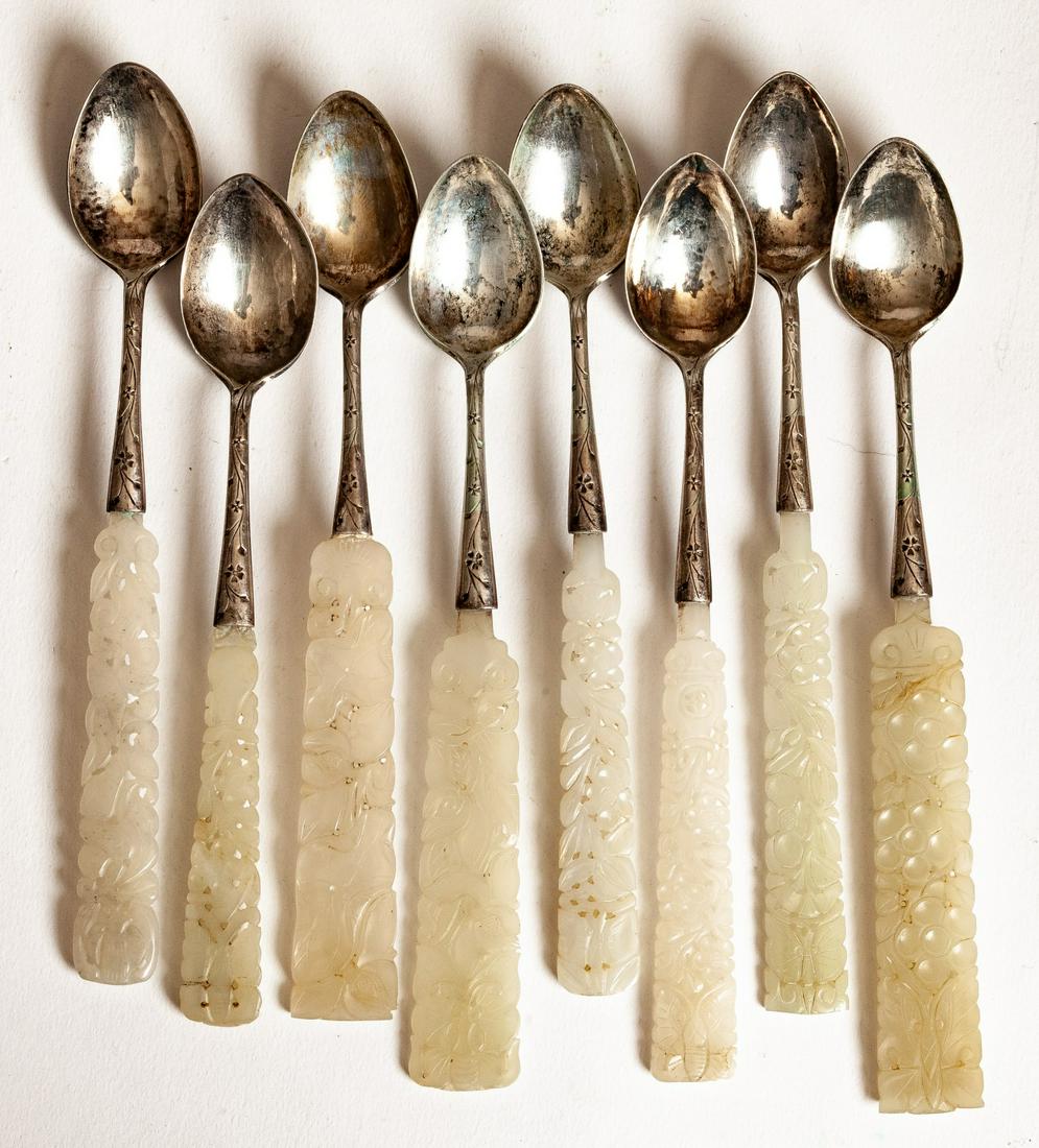 CHINESE SILVER SPOONS with CARVED JADE HANDLES (1 of 10)