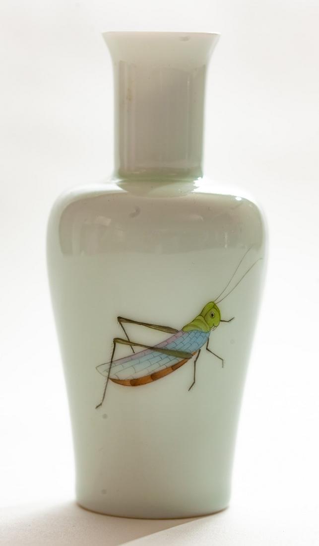WHITE CHINESE PORCELAIN VASE with GRASSHOPPER: Marked. 5" x 2 1/2"