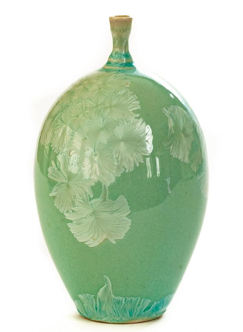 CELADON VASE with CRYSTALLINE FROST GLAZE: Unmarked. 6 1/4" x 3 3/4"