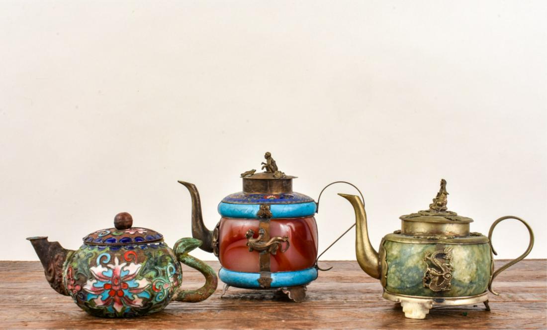 (2) SMALL CHINESE SILVER BOUND HARDSTONE TEAPOTS (1 of 20)