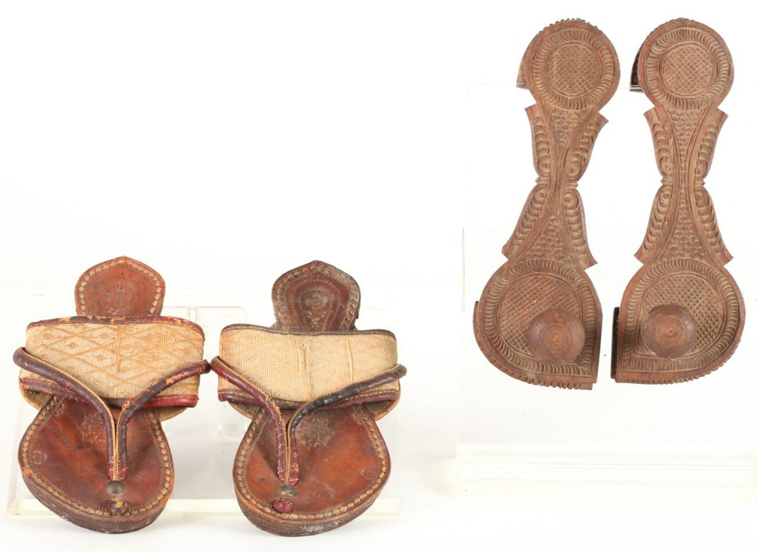 (2) PAIR OF HANDMADE SOUTHEAST ASIAN FOOTWEAR: (1) Pair of carved Khadua & (1) pair of sandals with an embossed leather sole and woven twine strap with a trellis design.