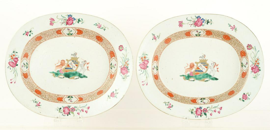 PAIR HAND PAINTED CHINESE EXPORT ARMORIAL PLATTERS (1 of 6)
