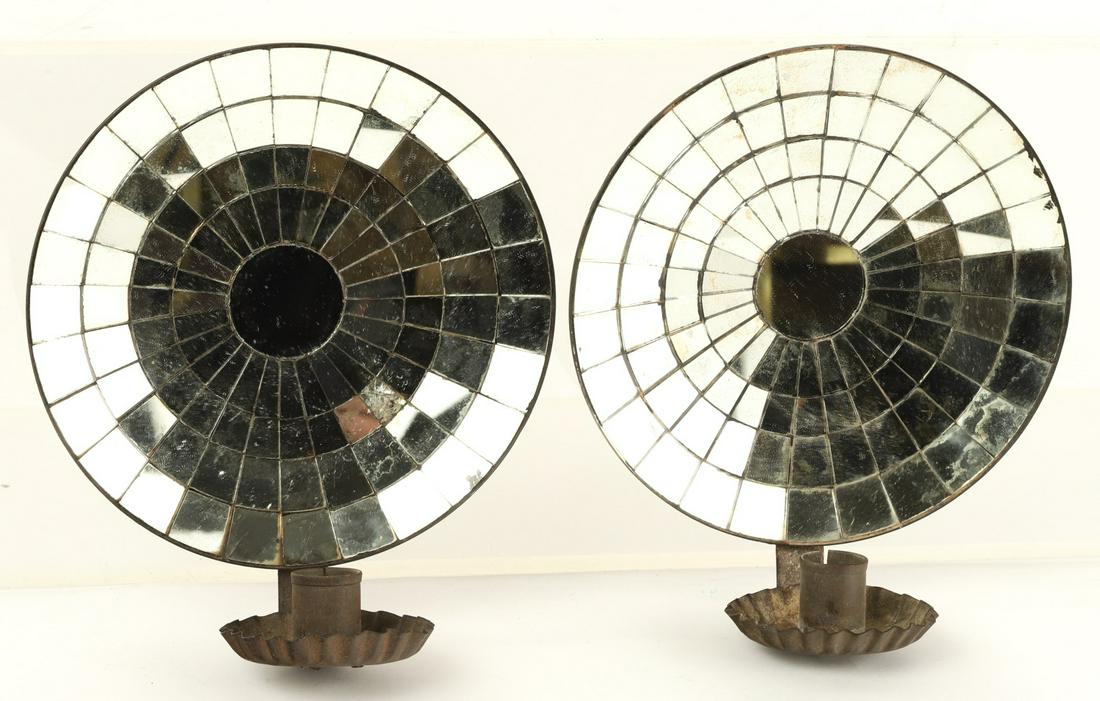 PAIR (19th c) MIRROR-BACKED TIN WALL SCONCES (1 of 9)