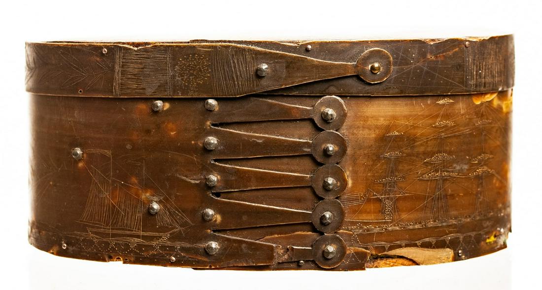 (19TH C.) OVAL BALEEN & WOOD DITTY BOX: Faint scrimshaw images of four American Ships. Approx. 2 1/4 x 5 1/4 inches.