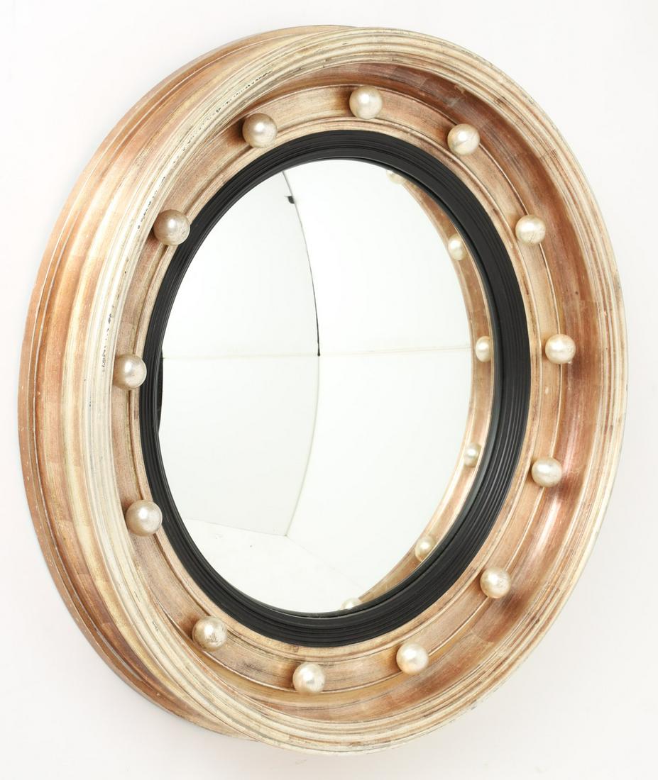 CARVER'S GUILD FEDERAL STYLE CONVEX LOOKING GLASS: Carved and gilt frame with bauble adornments. 33 x 33 x 5 inches.