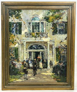 ANTHONY THIEME (1888-1954): "Doorway of the Nickels-Sortwell House Wiscasset, ME" oil on board 23 x 19 inches (overall with frame) N.B. 1929 Jordan Marsh Exhibition label verso, (The Nickels-Sortwell House a Historic New England