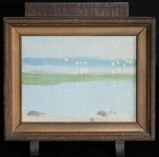 JAPONISME / CIRCLE of ARTHUR WESLEY DOW: "Seascape" oil on canvas laid to Masonite 6 1/2 x 8 framed. Together with an oak table stand