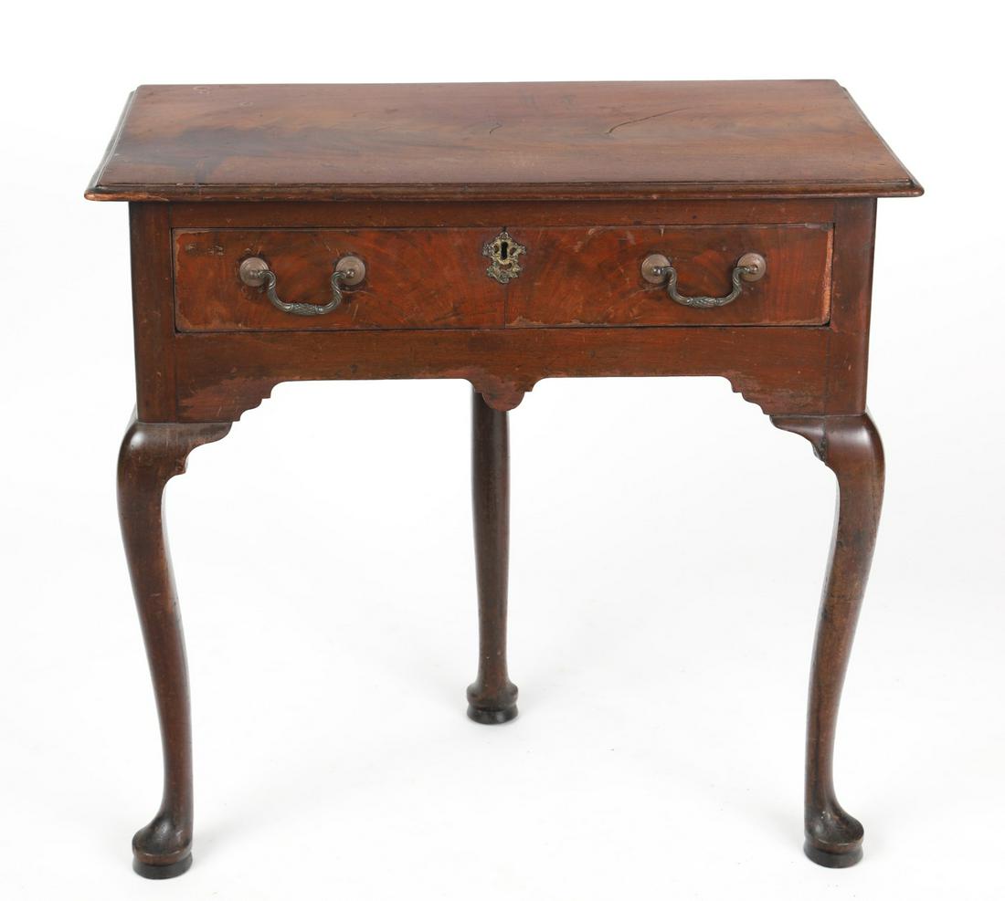 UNUSUAL PERIOD GEORGE III (3)-LEG LOWBOY: Mahogany, 1-drawer with brass pulls (replaced). 27 3/4 x 30 x 15 inches