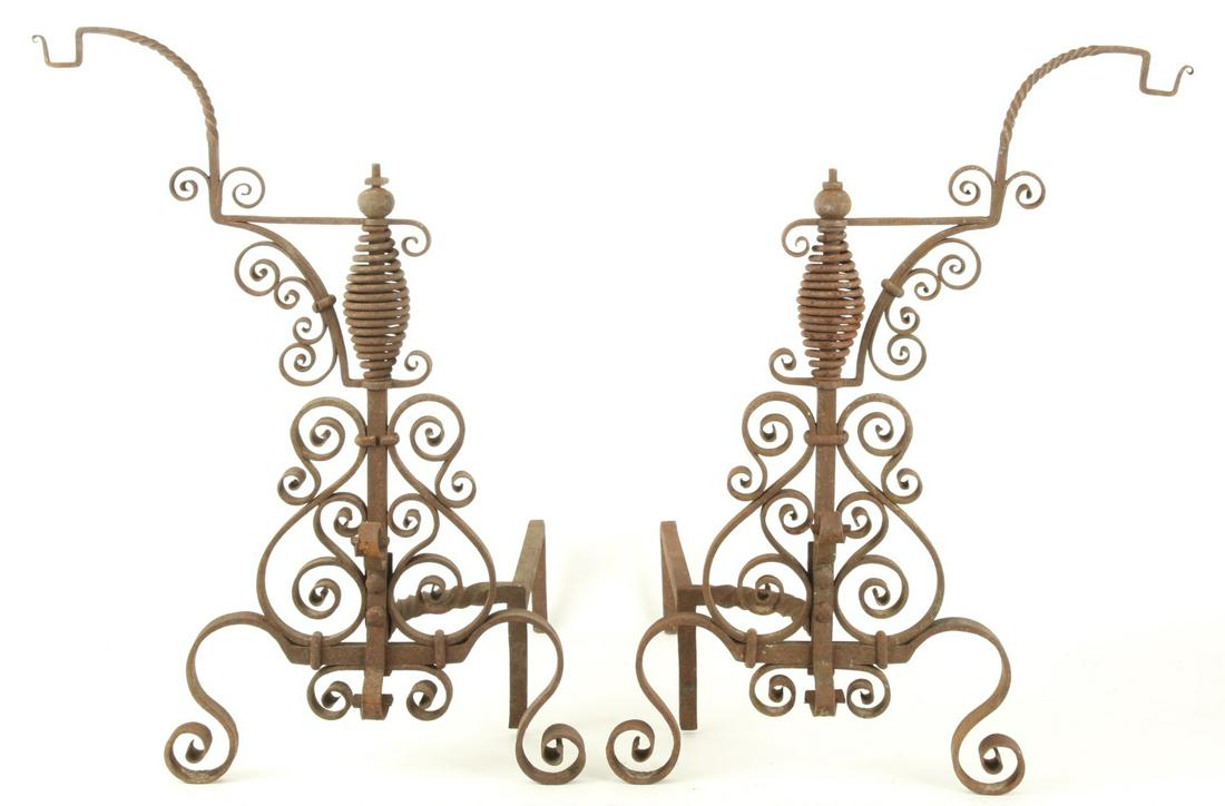 (19th c.) PR. FRENCH WROUGHT IRON ANDIRONS (1 of 12)