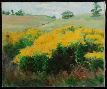 SCHOOL OF ARTHUR WESLEY DOW (Early 20th c): "Hillside of Wild Flowers" oil on canvas 18 x 22 inches signed Francis Lee.