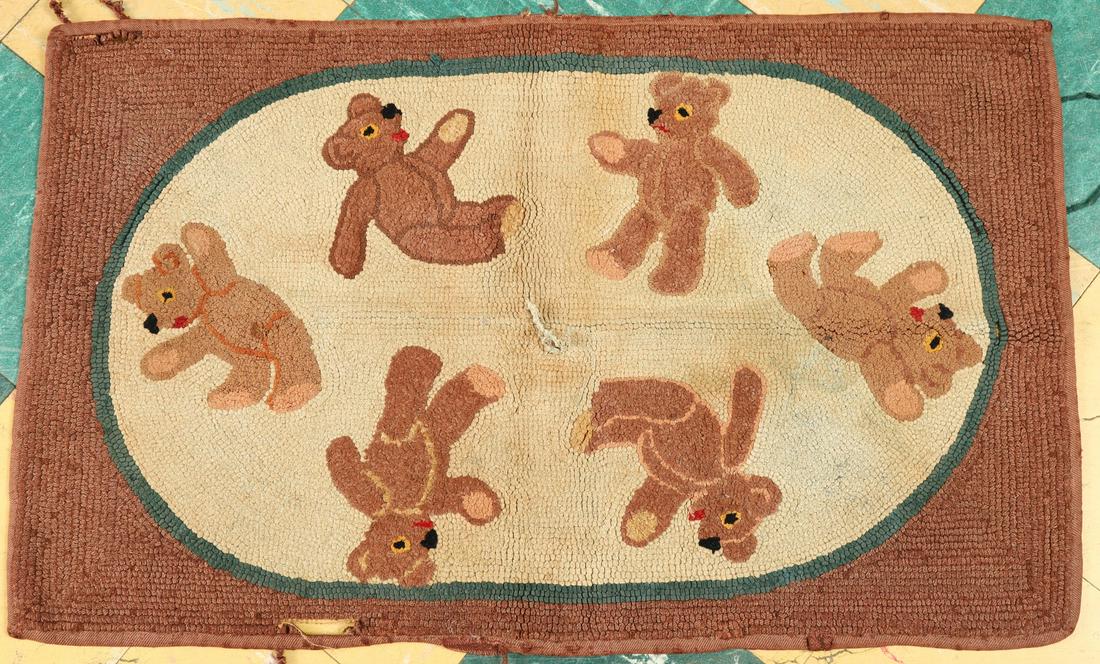 FIRST HALF 20th C PLAYFUL TEDDY BEARS HOOKED RUG (1 of 13)