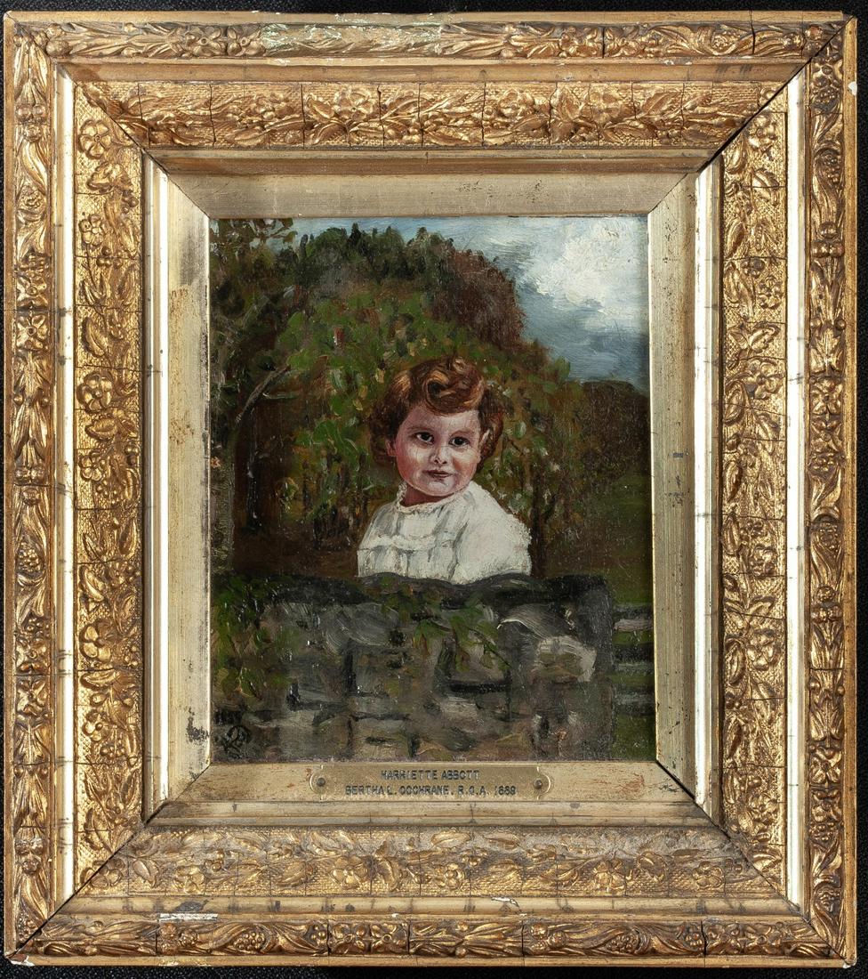 HARIETTE ABBOTT IN A BOWER: Oil on canvas 6 x 5 inches. signed in cipher. framed 9 1/2 x 8 1/2 inches (overall)