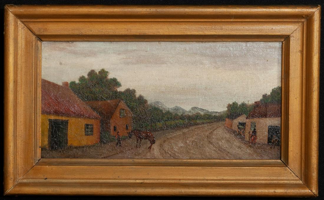 AMERICAN SCHOOL FOLK ART of LIVERY STABLE (19th c): Oil on canvas 9 x 14 1/4 inches (overall with frame)