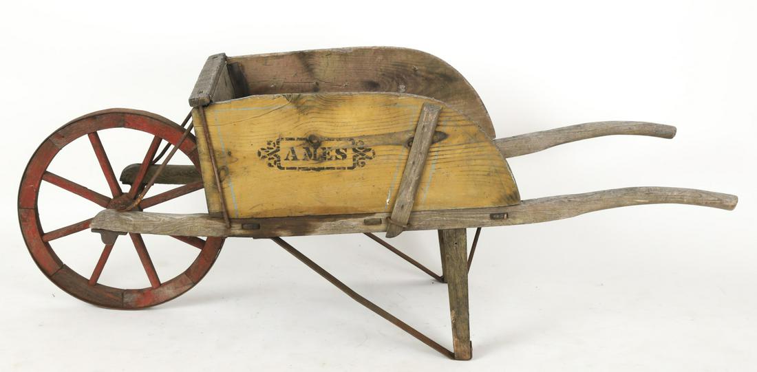 EARLY (20th C) AMES WHEELBARROW in YELLOW PAINT (1 of 9)