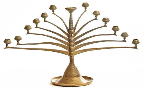 BRUNO PAUL (1874-1968): Brass 13-light candelabrum manufactured by K M Seifert & Co for Vereinigte fur Kunst im Handwerk. Together with a copy of Judy Rudoe's "Decorative Arts 1850-1950 Catalogue of the British Museum Collec