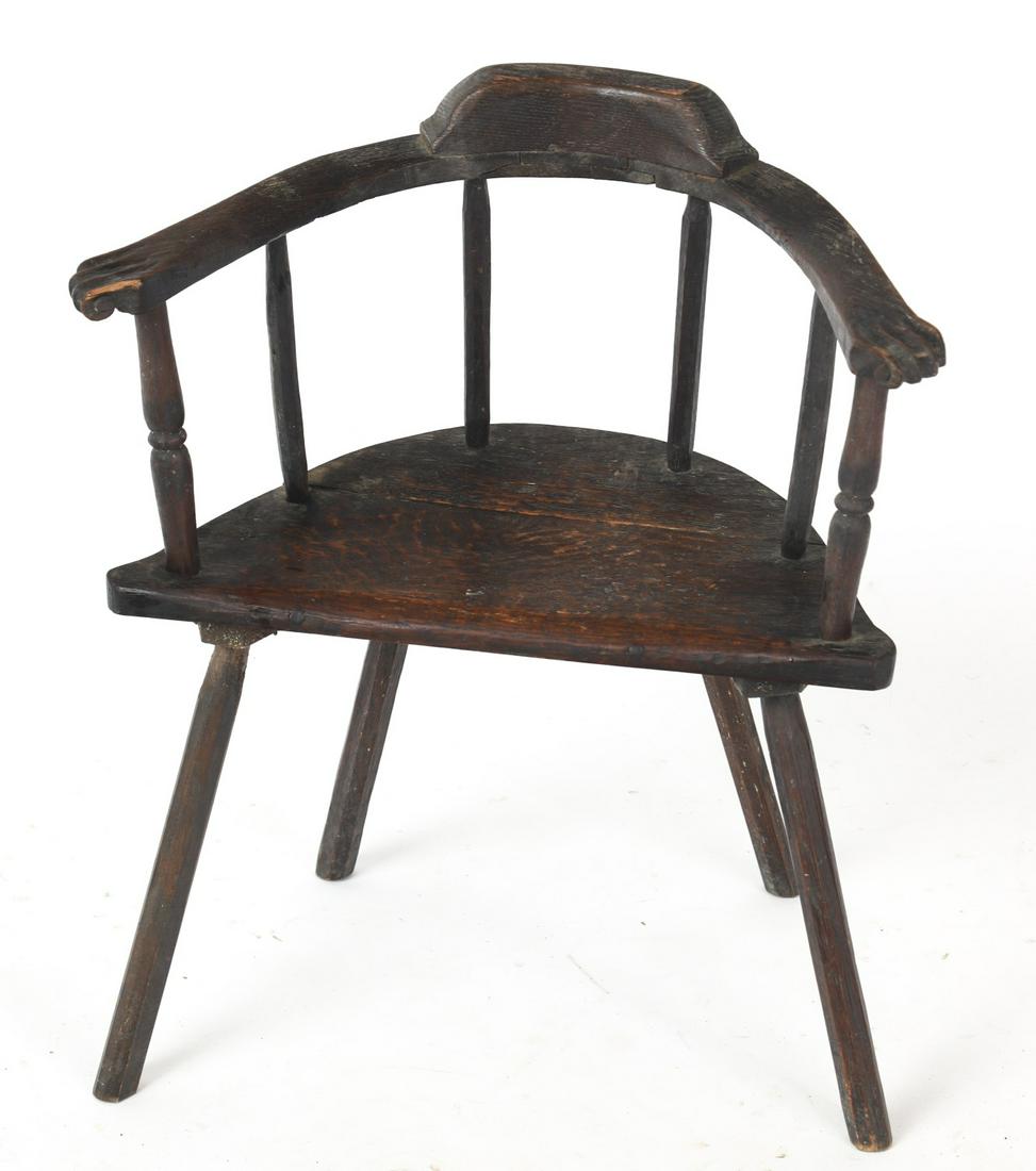 "JANE'S" ARTS & CRAFTS OAK ARMCHAIR: Carved arms, spoke shaven legs, and engraved "Jane" on back of crest rail. 21 x18 3/4 x 10 inches.
