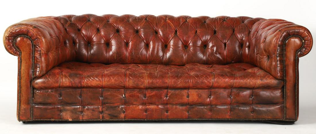 EARLY 20th C LEATHER UPHOLSTERED CHESTERFIELD SOFA (1 of 14)