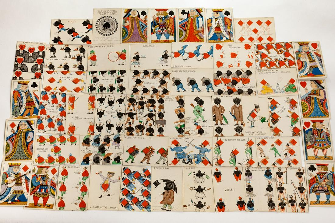 TIFFANY & CO. HARLEQUIN PLAYING CARDS: Designed by C.E. Carryl. With humorous and witty captions accompanying occupational, racial, and political designs.