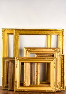 SEVEN (Early 20th c- Style) CUSTOM GILT FRAMES: Largest to smallest rabbet size: Pair of Arts and Crafts 25 x 30 inches, Art Nouveau 15 x 19 inches, Arts and Crafts 14 x 18 inches, Double cove 12 x 15 inches and (2) Stanford White style examples 11