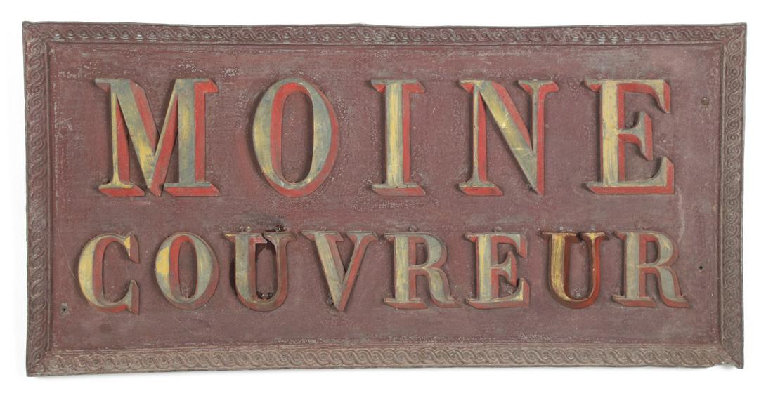 FRENCH "MOINE COUVREUR" ROOF TILE TRADE SIGN: Painted galvanized steel. 18 3/4 x 38 3/4 inches.
