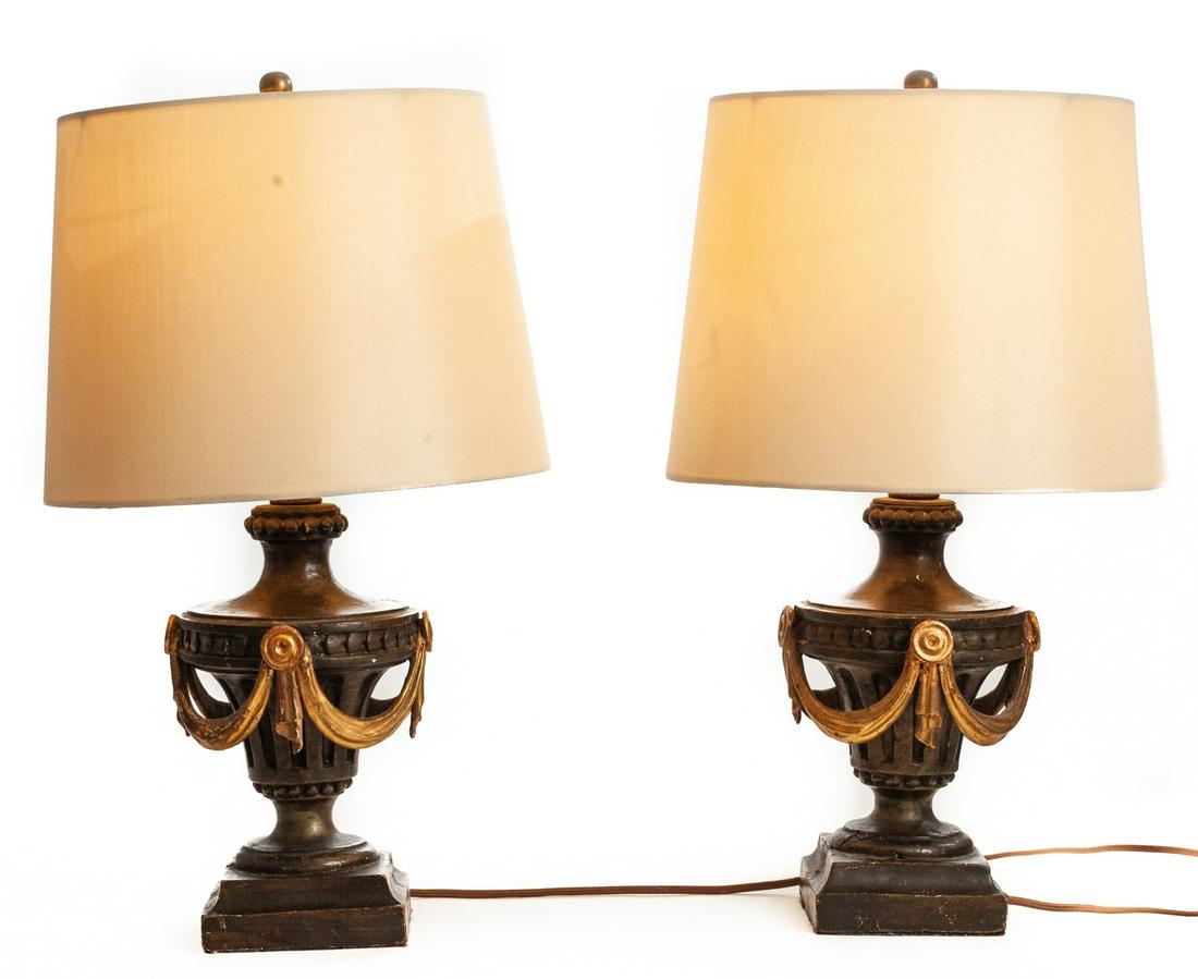 PR 19TH C FUNERARY FINIALS CONVERTED TO LAMPS: Carved finials converted to lamps. Total height 20" x 6" urn. 12 1/2" shade