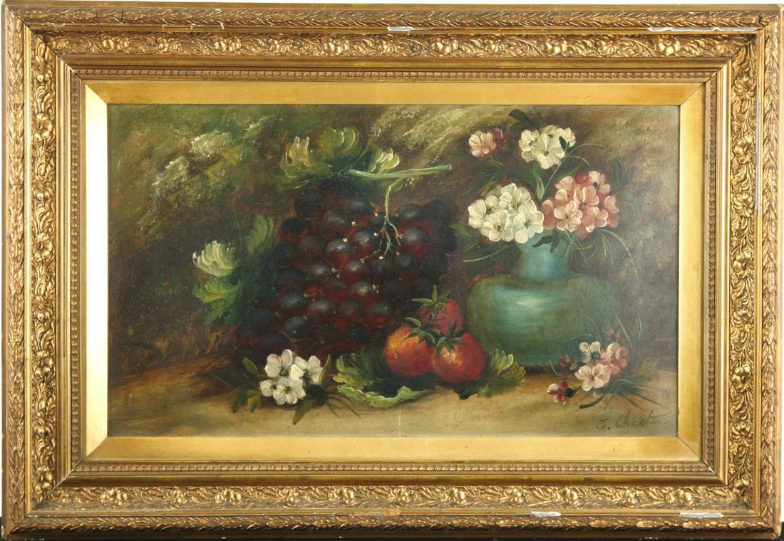 AMERICAN SCHOOL (19th c): "Still Life with Fruit and Flowers" oil on board. signed S. Chester. 12 1/2 x 14 inches (overall)
