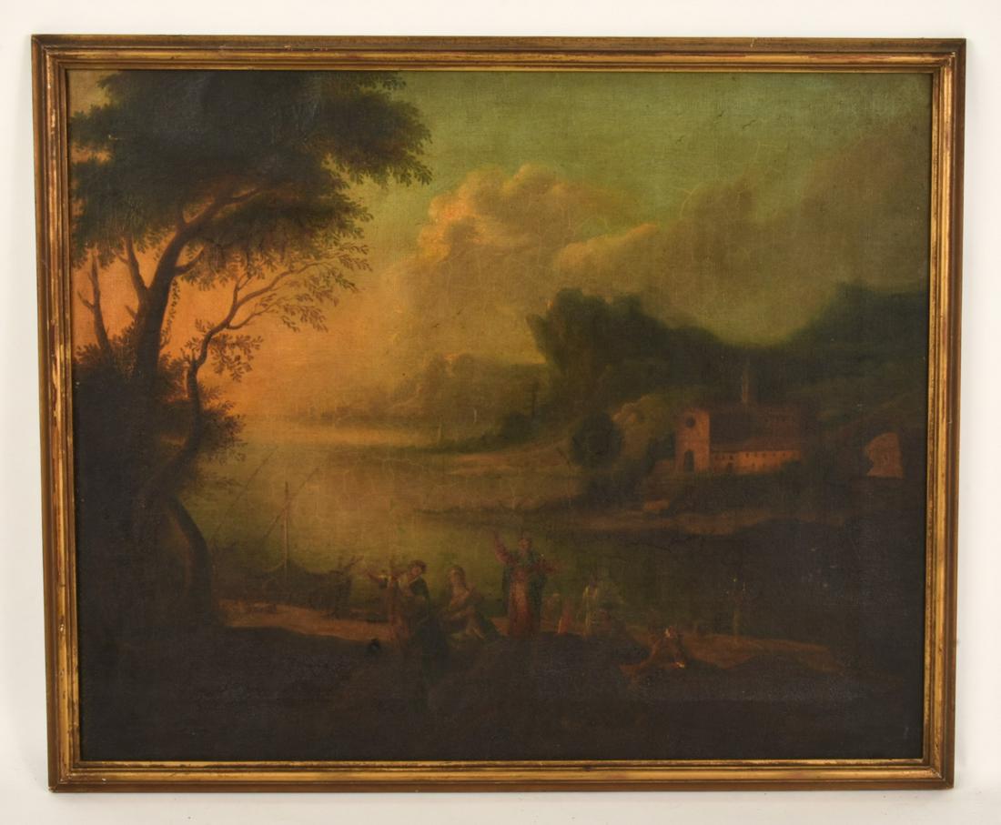 CONTINENTAL SCHOOL (After the 18thc ): "Grouping by the Shore" oil on canvas 31 x 37 3/4 inches.