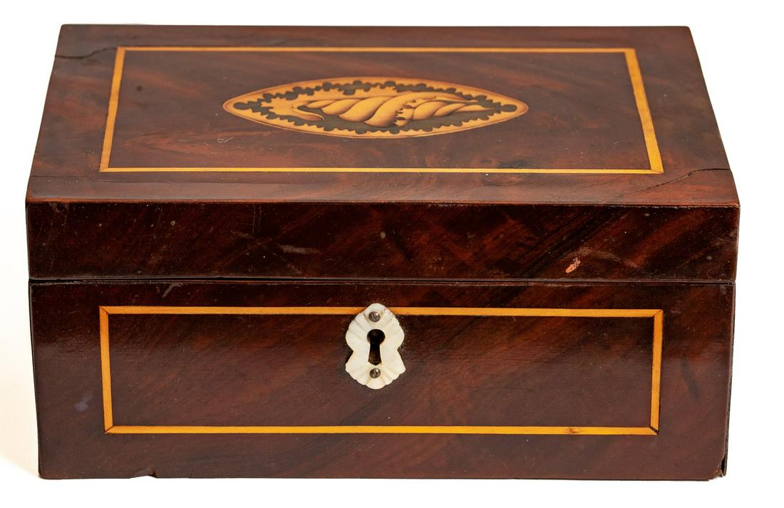 (19TH C.) MAHOGANY BOX with SHELL INLAY (1 of 8)