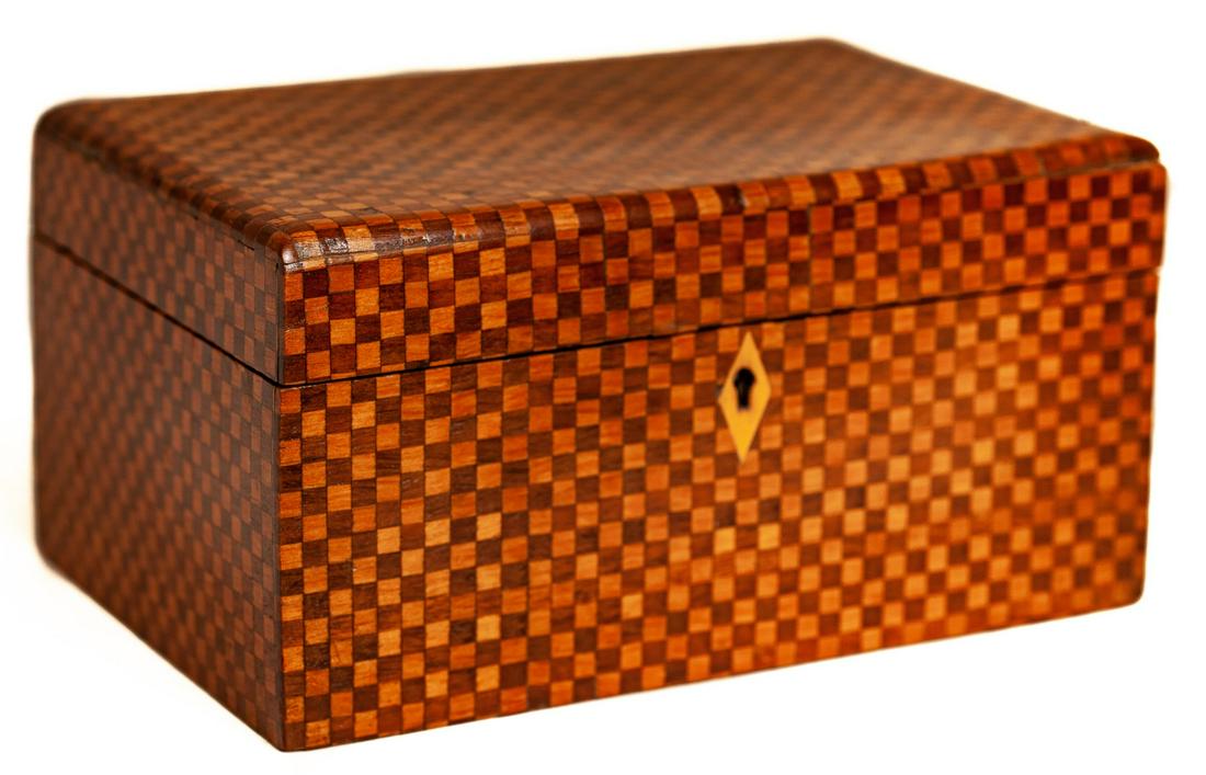 (19TH C.) CHECKER-BOARD BOX with SEWING CONTENTS (1 of 5)