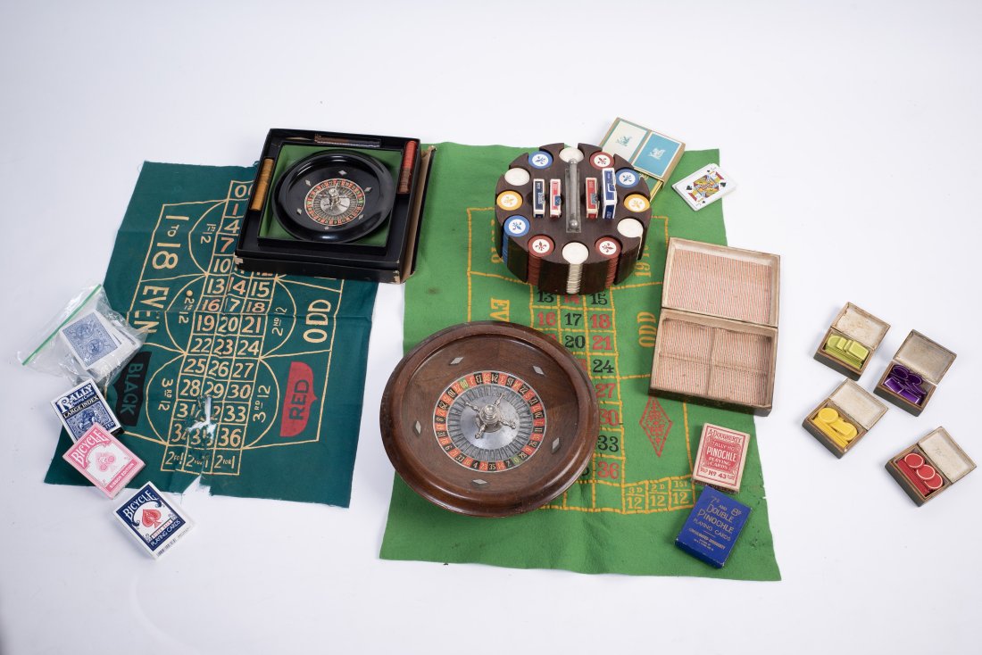 (3) ROULETTE WHEELS, POKER CHIPS & PLAYING CARDS (1 of 9)