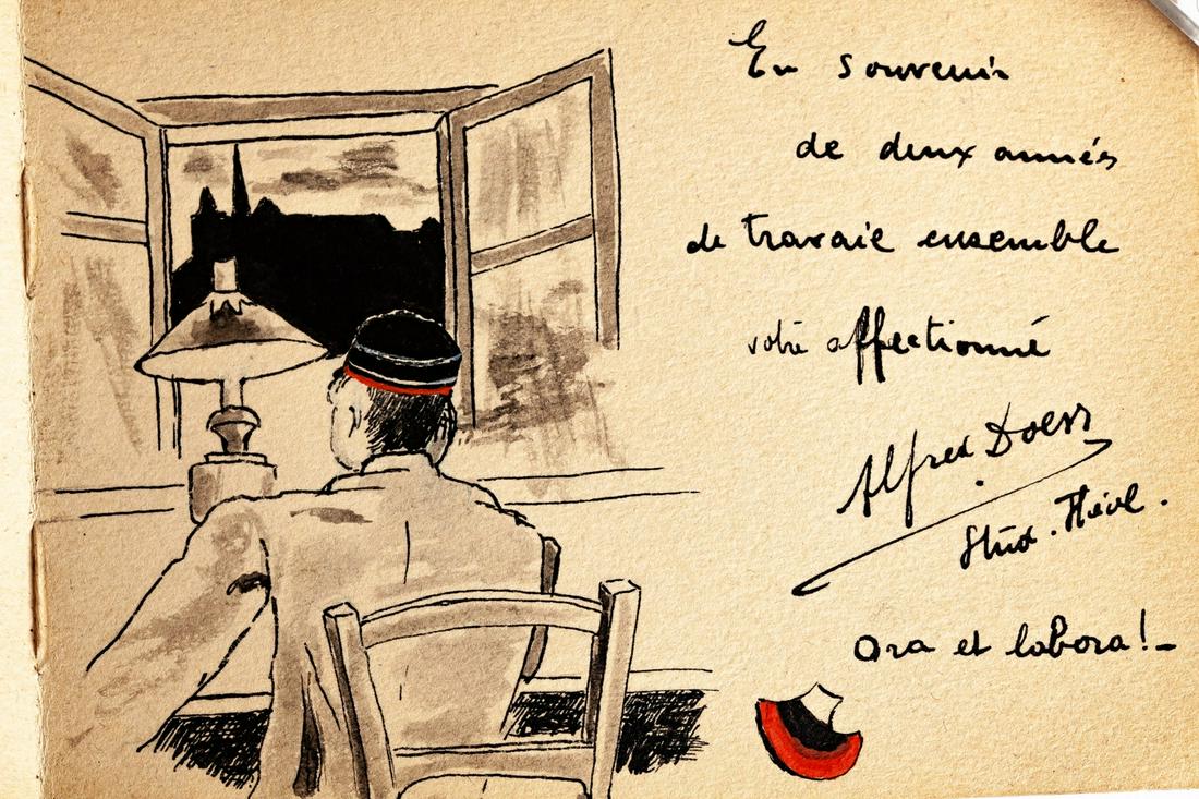 EARNEST B DUSTAN'S AUTOGRAPH BOOK / 1905 GENEVA: Signed presumably by friends and family upon the occasion of a graduation ? Illustrated with submarine, football players, bellhop, train, instruments, car and a landscape by professional artist C. Sco