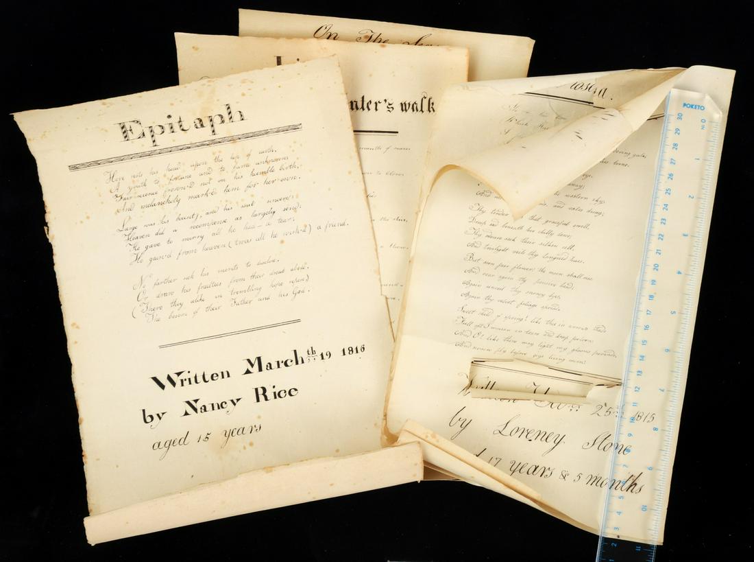 GROUPING OF PROSE in CALLIGRAPHY c. 1815: The Rose, Of the Season, Lines Written of a Winters Walk etc 13 x 8 inches (and smaller)