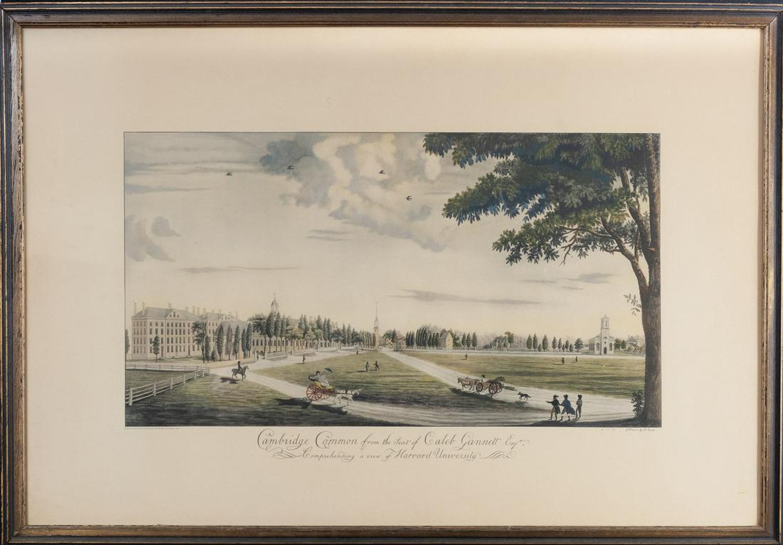 HARVARD UNIVERSITY / AFTER DRAWING BY DANIEL BELL: Cambridge Common from the Seat of Caleb Gannett Hand colored full-toned collotype printed by Meriden Graveur Co. 1942. 25 x 35 1/4 inches (overall).