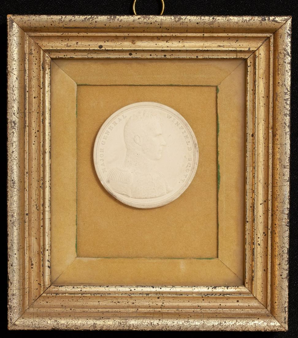 (19th c) PLASTER ENTAGLIO of WINFIELD SCOTT: 7 1/4 x 6 1/2 inches (overall including shadow box frame Borghese Gallery frame)