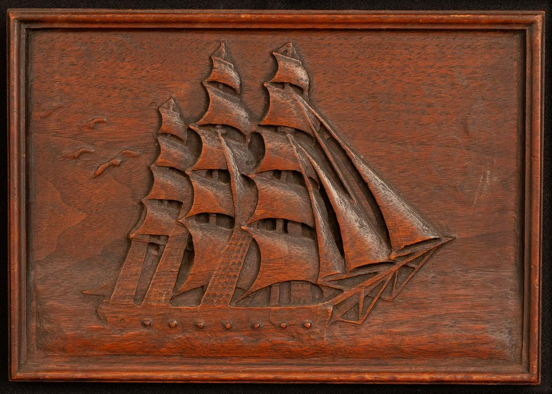 CARVED WOODEN PLAQUE OF A TALL SHIP: Mahogany 8 3/4 X 12 1/2 inches