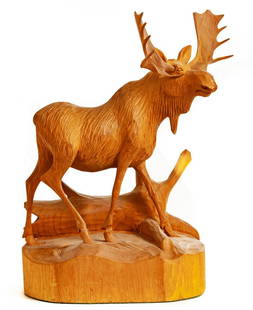 ANDRE DULE (CANADA) CARVED WOOD MOOSE: Andre Dule' wood carving of moose. 14 x 10 x 9 inches