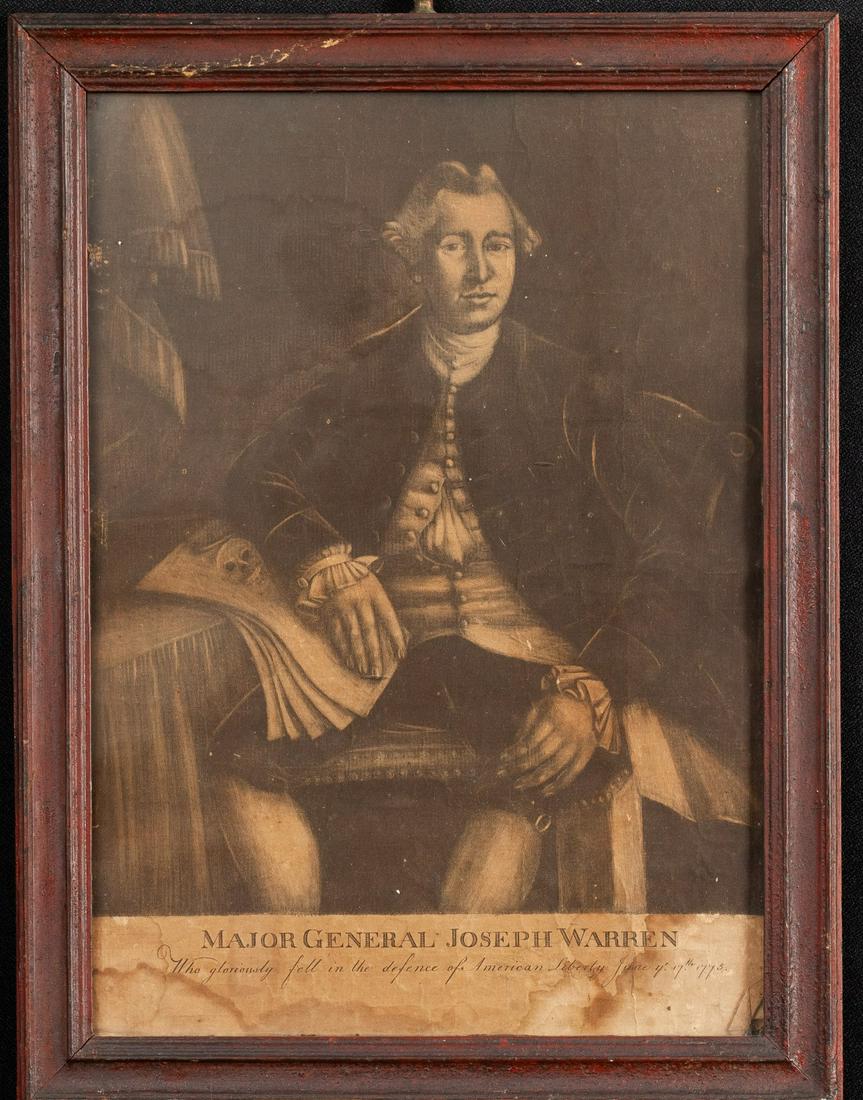 MAJOR GENERAL JOSEPH WARREN July 4, 1775: Possibly by Joseph Hiller, Sr. After John Singleton Copley. Mezzotint 15 3/4 x 11 3/4 inches (overall and presented in its original (18th c) frame