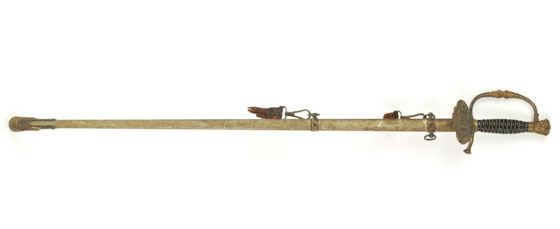 GRAND ARMY SONS OF CIVIL WAR VETERANS SWORD: Shell guard decorated with soldier and sailor, flags and swords, maker's mark on the ricasso "G.W. Simmons & Co. Boston, Mass." 35 1/2 inches l