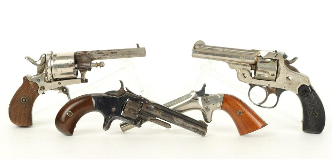 THREE (19th / 20th c) REVOLVERS and a FORTH: (2) Smith & Wesson revolvers, ELG revolver, J Stevens pocket model single shot pistol. 7 inches. BIDDING ON THIS LOT YOU ACCEPT THE LEGAL RESPONSIBILITY DEALING WITH THE LEGAL TRANSFER OF THIS LOT AS
