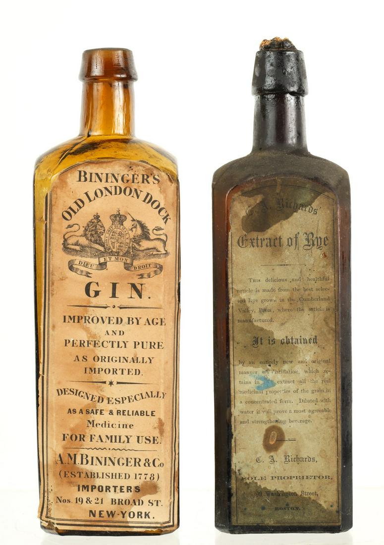 (2) GIN and RYE SPIRITS BOTTLES: Bininger's and Richards. 9 3/4 inches (and under)
