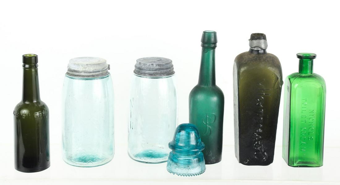(7) EARLY BOTTLES & A GREEN GLASS INSULATOR (1 of 20)