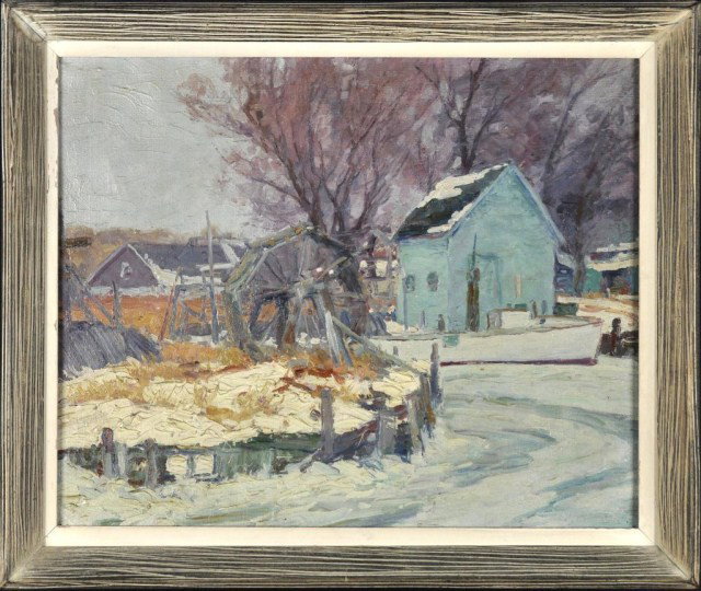 Walter Emerson Baum (attributed) American: Walter Emerson Baum (attributed) American (1884-1956) Fisherman's Winter, unsigned. Oil on canvas, 18" X 22"