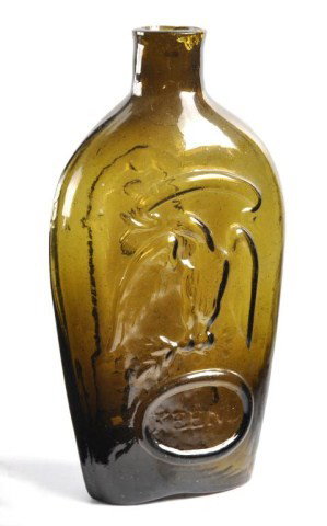 Keene olive green eagle and Masonic flask: Keene olive green eagle and Masonic flask, open pontil, 7 1/2"h