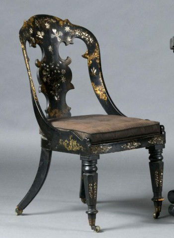 English 19th c. mother of pearl papier mache chair: English 19th c. mother of pearl papier mache chair with caned seat and octagonal turned legs, 35"h x 20"w x 19"d