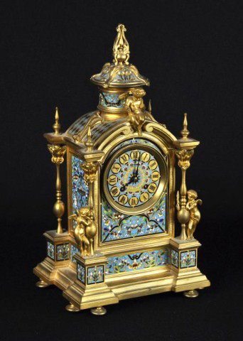 French Napoleon III gilt bronze cloisonné: French Napoleon III gilt bronze cloisonné neoclassical style clock, mounted with winged putti, has time and strike movement stamped "Miller & Sons, 17478", 16"h