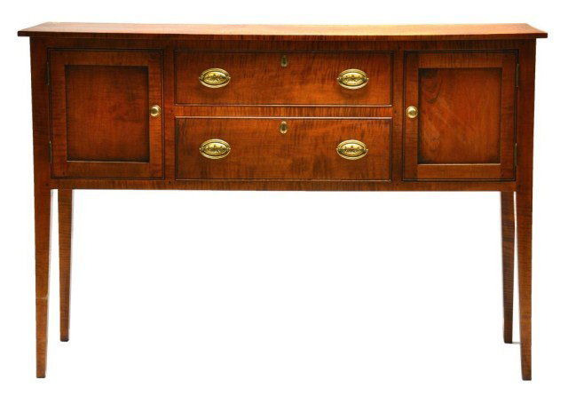 D.R. Dimes tiger maple Hepplewhite sideboard: D.R. Dimes tiger maple Country Hepplewhite sideboard with pegged joinery, centered with two beaded drawers flanked cabinets, the whole rising on square taper legs, 38 1/2"h x 57"w x 18"d