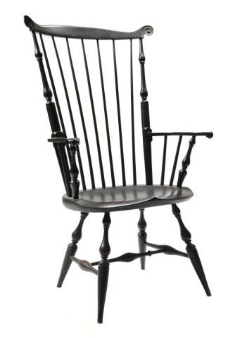 D.R. Dimes Comb back Windsor style armchair: D.R. Dimes Comb back Windsor style armchair with saddle seat in black crackle paint